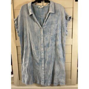 Umgee Mineral Blue Denim Wash Button Down Tunic Size Large Tie Dye Women’s Top